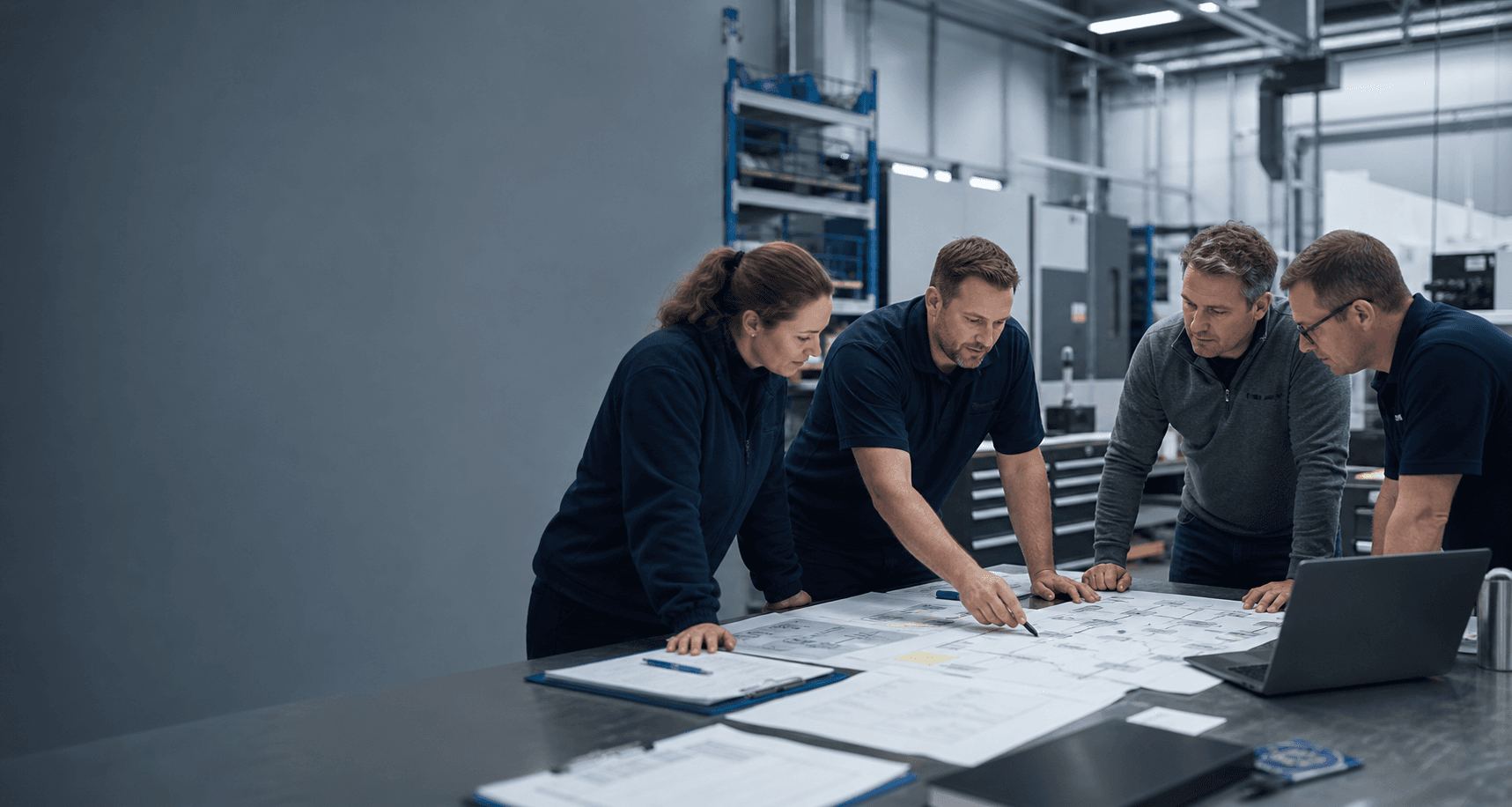 Generated editorial image of an operations team reviewing a process map in an industrial workspace.