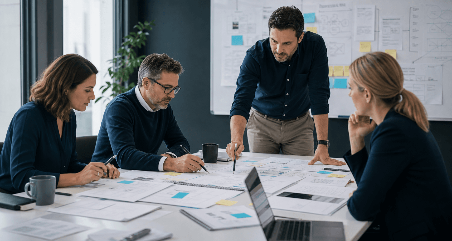 Generated editorial image of leaders reviewing requirements and workflow documents.
