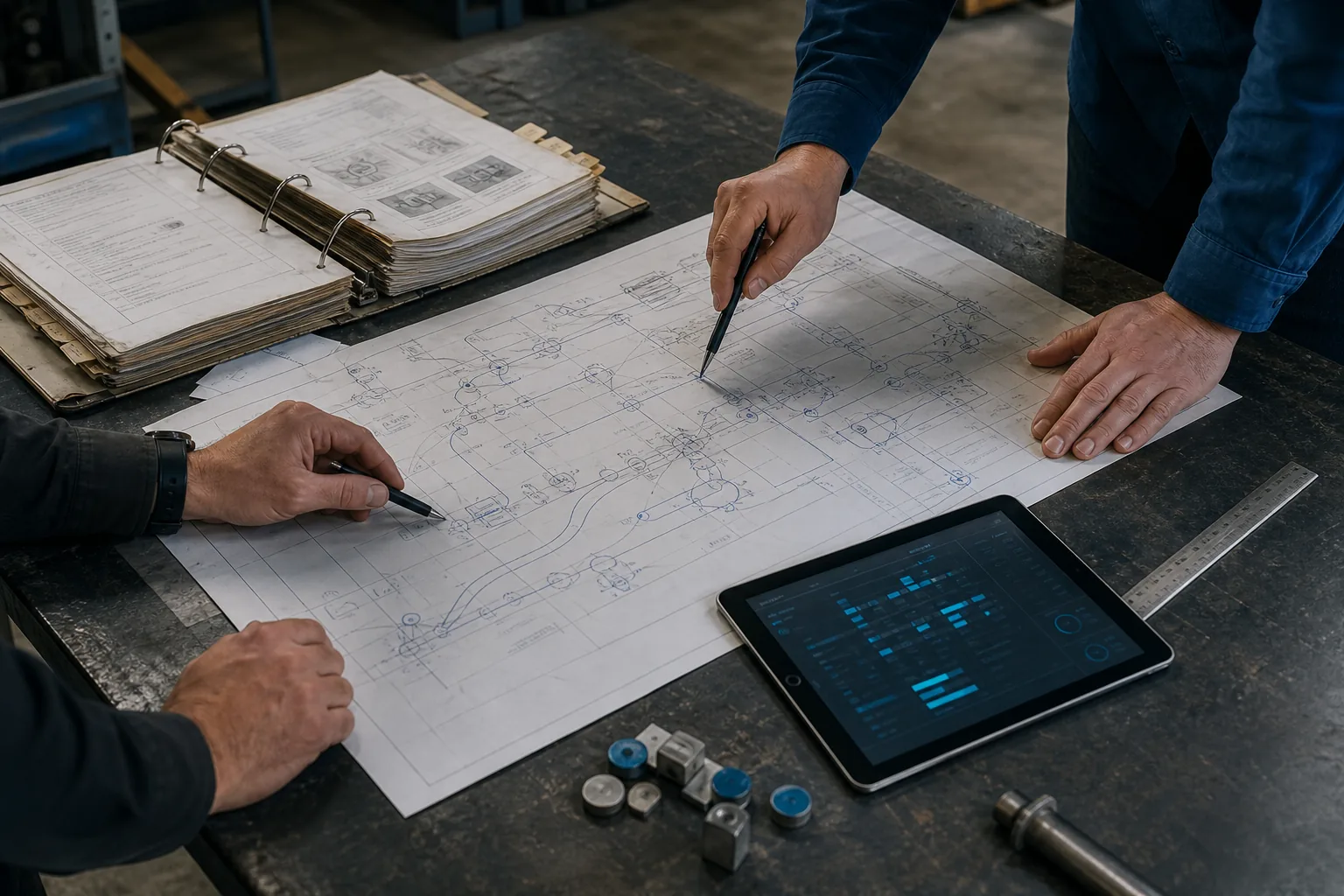 Operations professionals reviewing a process map, working procedures, and operational data at an industrial worktable.