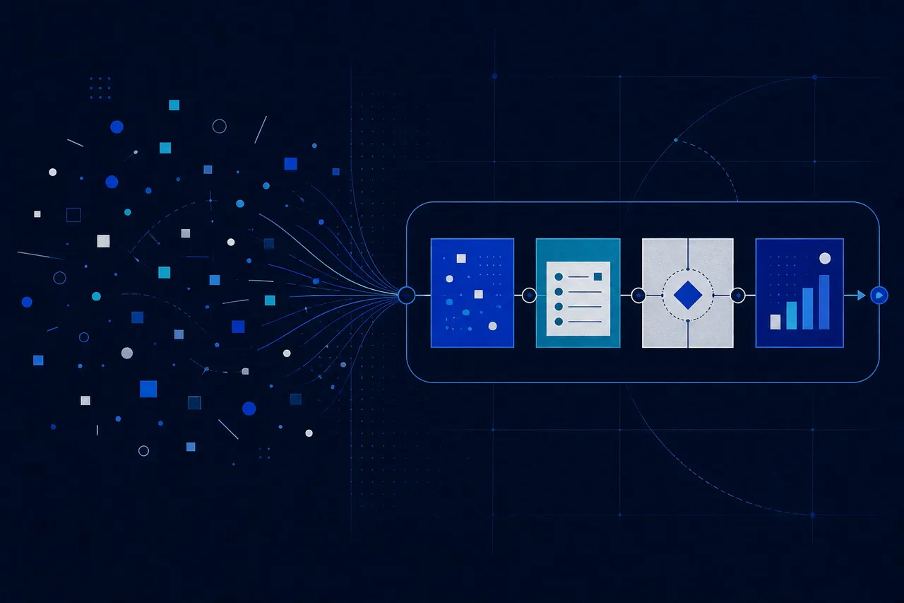 Conceptual illustration of approved sources, a bounded AI task, human review, and an accountable operating decision