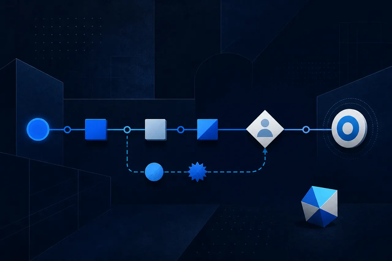 Conceptual illustration of a manufacturing workflow connecting operating evidence, work instructions, exceptions, and human decisions